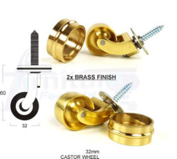 2X Brass Castor & Ring 32mm Screw In Castor  Furniture Beds Sofas Chairs Stools