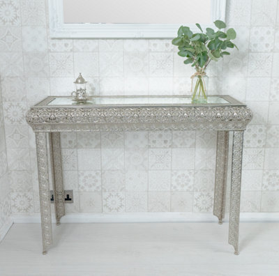Downton Interiors Silver Embossed Metal Mirrored Glass Console Table - image 1