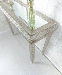 Downton Interiors Silver Embossed Metal Mirrored Glass Console Table - thumbnail 4