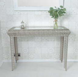 Downton Interiors Silver Embossed Metal Mirrored Glass Console Table