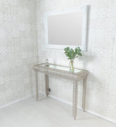 Downton Interiors Silver Embossed Metal Mirrored Glass Console Table - thumbnail 3