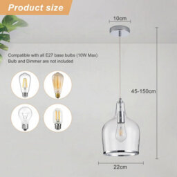 Harper Living Pendant Ceiling Light, Chrome Glass Pendant Lamp With Bubbles Glass Shade, Adjustable Drop (45-150Cm) - thumbnail 8