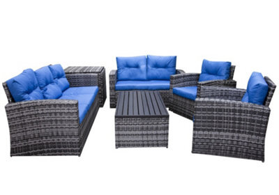 Sh&g Edgerton 7 Seater Sofa Set - 6 Piece Table, Chairs & Sofa - Brown Rattan With Grey Cushions - Indoor & Outdoor - image 1