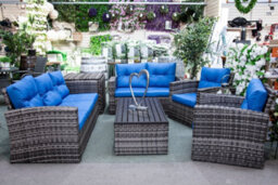 Sh&g Edgerton 7 Seater Sofa Set - 6 Piece Table, Chairs & Sofa - Brown Rattan With Grey Cushions - Indoor & Outdoor - thumbnail 2