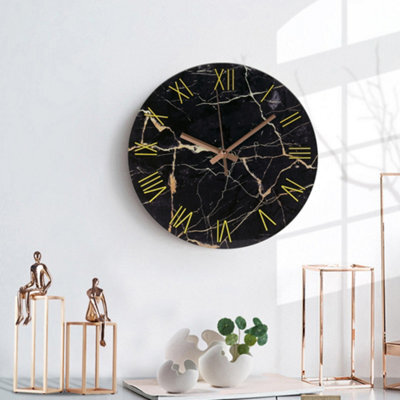 Darphe Round Black Marble Textured Roman Numeral Silent Wall Clock For Home Decor