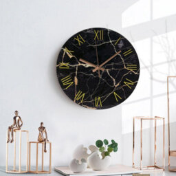Darphe Round Black Marble Textured Roman Numeral Silent Wall Clock For Home Decor