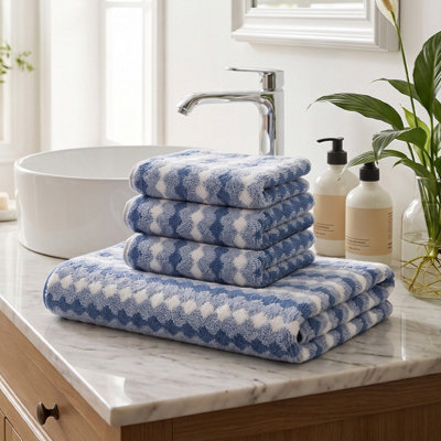 Living And Home 4 Pack Polyester Towel Set Blue Zigzag Wave Stripe Soft Absorbent Hanging Loop Bathroom Towel Kit - image 1