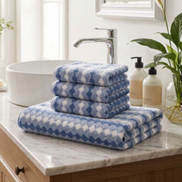 Living And Home 4 Pack Polyester Towel Set Blue Zigzag Wave Stripe Soft Absorbent Hanging Loop Bathroom Towel Kit - thumbnail 1