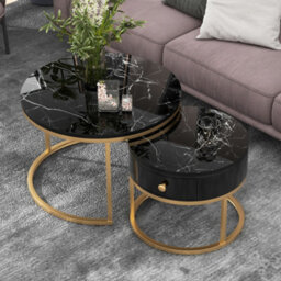 Round Nesting Coffee Tables With Drawer, Storage And Gold Metal Frames - thumbnail 6