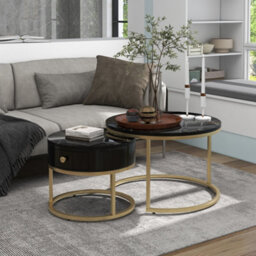 Round Nesting Coffee Tables With Drawer, Storage And Gold Metal Frames - thumbnail 4