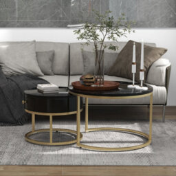 Round Nesting Coffee Tables With Drawer, Storage And Gold Metal Frames - thumbnail 3