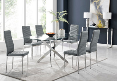 Furniturebox Leonardo 6 Seater Rectangular Glass Dining Table With Silver Metal Leg & 6 Grey Milan Faux Leather Silver Leg Chairs - image 1