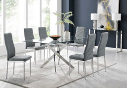 Furniturebox Leonardo 6 Seater Rectangular Glass Dining Table With Silver Metal Leg & 6 Grey Milan Faux Leather Silver Leg Chairs - thumbnail 1