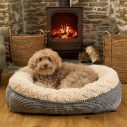 OHS Faux Fur Dog Bed Washable Plush Soft Fleece Ribbed Pet Basket Cushion Warm Cosy - thumbnail 1