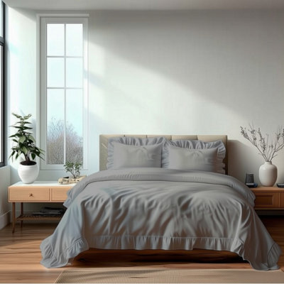 Duvet Cover And Pillowcase Set On Trend Frilled Design Polycotton Linen Silver - image 1
