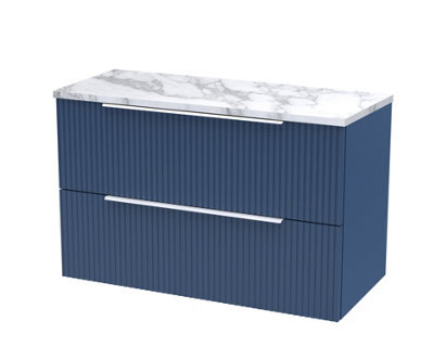 Balterley Tixall Fluted 2 Drawer Wall Hung Vanity Unit With Laminate Worktop, Satin Blue, 800mm - image 1