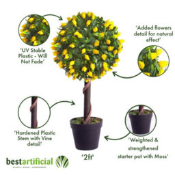 Best Artificial 2Ft / 60Cm Yellow Tulip Ball Tree Plant Garden Office Conservatory Tropical Indoor Outdoor - thumbnail 4