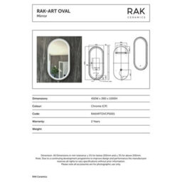 RAK Ceramics Rak Art Oval Chrome Led Illuminated Bathroom Mirror With Touch Sensor & Demister Pad, 1000 X 450mm - thumbnail 2