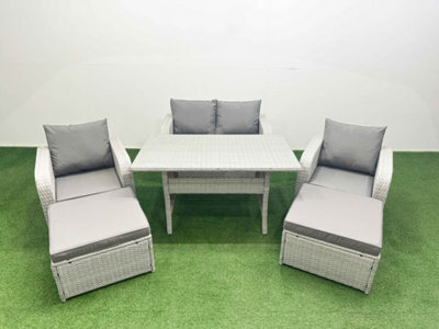 Fimous Light Grey Pe Wicker Rattan Garden Furniture Set Sofa Set Reclining Chair Rectangular Dining Table 6 Seater 2 Big Stools - image 1