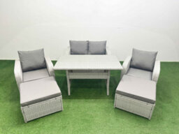 Fimous Light Grey Pe Wicker Rattan Garden Furniture Set Sofa Set Reclining Chair Rectangular Dining Table 6 Seater 2 Big Stools - thumbnail 2
