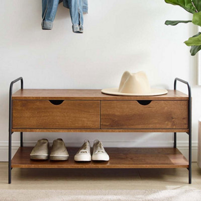 Living And Home Modern 2 Drawers Walnut Effect Metal And Wood Entry Bench With Lower Shoe Shelf 90Cm (W) X 42Cm (D) X 61Cm (H) - image 1