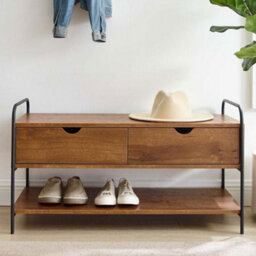 Living And Home Modern 2 Drawers Walnut Effect Metal And Wood Entry Bench With Lower Shoe Shelf 90Cm (W) X 42Cm (D) X 61Cm (H) - thumbnail 1