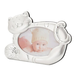 Happy Homewares Fun Smiling Cat Themed Satin Silver Picture Frame With String Ball - thumbnail 1