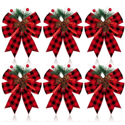 Amorly 6 Pcs Christmas Bows Xmas Bows Tree Decor,red Black Buffalo Plaid Decor, Christmas Decoration For Hometree Party Front Door - image 1