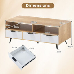 Costway Coffee Table W/ Storage Drawers 120Cm Center Table W/ Metal Legs - thumbnail 3