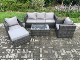 Fimous Rattan Garden Furniture Set With Coffee Table 2 Armchairs Big Footstool Indoor Outdoor Patio Lounge Sofa Set - thumbnail 1