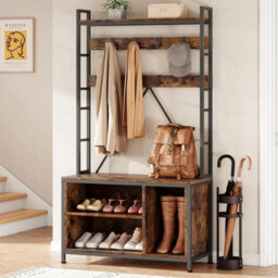 Brown Hall Tree Bench 5 In 1 Coat Shoe Storage Entryway Rack Cubbies - thumbnail 1