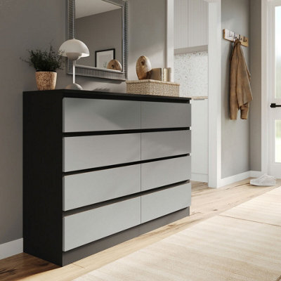 Urbn-Living Urbnliving 120Cm Wide Black Wooden Chest Of Grey 8 Drawers Bedroom Furniture Storage Bedside Modern Cabinet