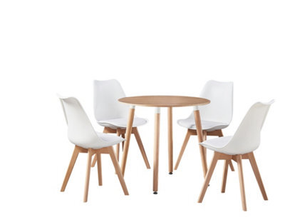 Life Interiors 5Pcs Dining Set - An Oak Round Dining Table & Set Of 4 White Lorenzo Tulip Chairs With Padded Seat - image 1