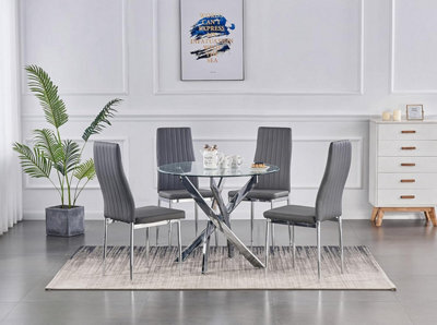 Furnizone UK Nexus 4-Seater 90Cm Round Clear Glass Dining Table And 4 Monza Grey Chairs Faux Leather Chairs - image 1