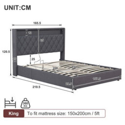 Matteo King Size Grey Linen Ottoman Bed Frame With Hydraulic Storage, Led Lighting & Charging Station - thumbnail 8