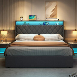 Matteo King Size Grey Linen Ottoman Bed Frame With Hydraulic Storage, Led Lighting & Charging Station - thumbnail 2