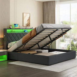 Matteo King Size Grey Linen Ottoman Bed Frame With Hydraulic Storage, Led Lighting & Charging Station - thumbnail 3