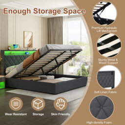 Matteo King Size Grey Linen Ottoman Bed Frame With Hydraulic Storage, Led Lighting & Charging Station - thumbnail 7