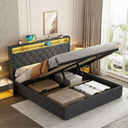 Matteo King Size Grey Linen Ottoman Bed Frame With Hydraulic Storage, Led Lighting & Charging Station - thumbnail 4
