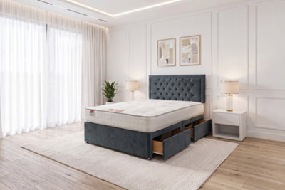 "Knight Sleep Ellis Charcoal Plush Bed Set With Mattress, 2 Drawers Same Side & 24""headboard 3Ft - Single"