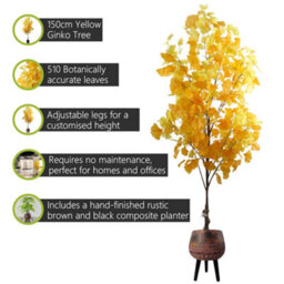 Pegdev - Pdl - 150Cm Artificial Yellow Ginkgo Tree With 510 Leaves In Large Rustic Brown Black Planter For Indoor Or Sheltered Use - thumbnail 2