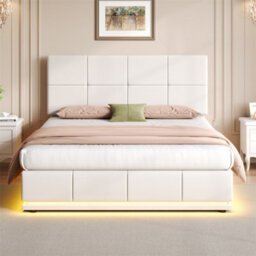 Abrihome 4Ft6 Double Bed With Led Lighting, Pu Leather Upholstered Hydraulic Ottoman Bed, Adjustable Square Tufted Headboard, White - thumbnail 9