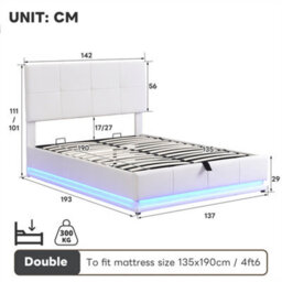 Abrihome 4Ft6 Double Bed With Led Lighting, Pu Leather Upholstered Hydraulic Ottoman Bed, Adjustable Square Tufted Headboard, White - thumbnail 5