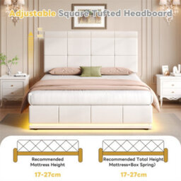 Abrihome 4Ft6 Double Bed With Led Lighting, Pu Leather Upholstered Hydraulic Ottoman Bed, Adjustable Square Tufted Headboard, White - thumbnail 2