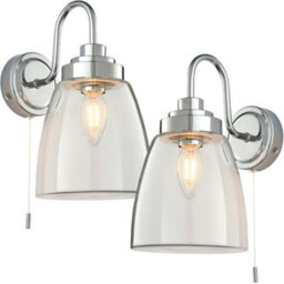2 Pack Ip44 Bathroom Wall Light Chrome & Domed Clear Glass Curved Arm Oval Lamp