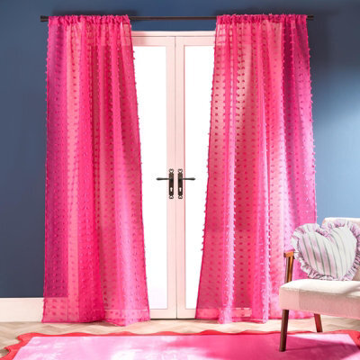 Ohs Tufted Pompom Voile Net Curtain Pair Window Panels Slot Top Set - Hot Pink - image 1