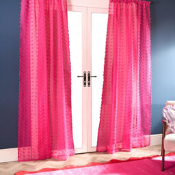 Ohs Tufted Pompom Voile Net Curtain Pair Window Panels Slot Top Set - Hot Pink - thumbnail 2