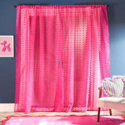 Ohs Tufted Pompom Voile Net Curtain Pair Window Panels Slot Top Set - Hot Pink - thumbnail 3