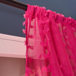 Ohs Tufted Pompom Voile Net Curtain Pair Window Panels Slot Top Set - Hot Pink - thumbnail 4