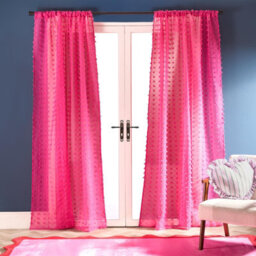 Ohs Tufted Pompom Voile Net Curtain Pair Window Panels Slot Top Set - Hot Pink - thumbnail 1